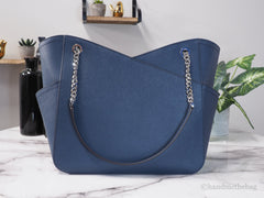 Michael Kors Jet Set Large Navy Saffiano X Cross Chain Shoulder Tote Hand Bag