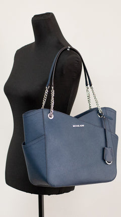 Michael Kors Jet Set Large Navy Saffiano X Cross Chain Shoulder Tote Hand Bag
